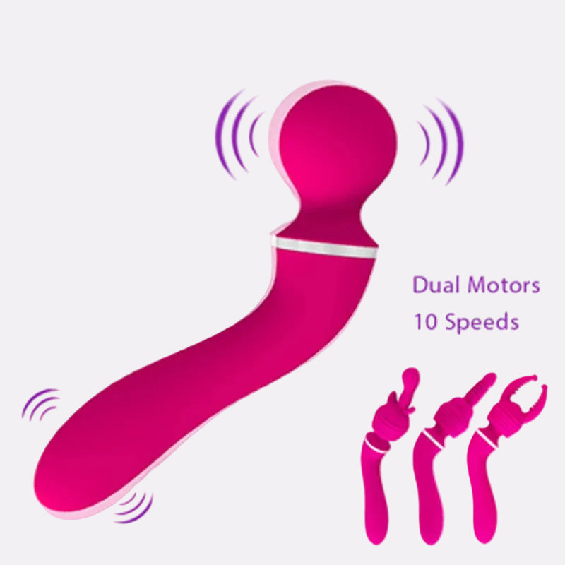 Dual Motor Personal Wellness Massager with 10 Speeds & 3 Interchangeable Attachments – Pink