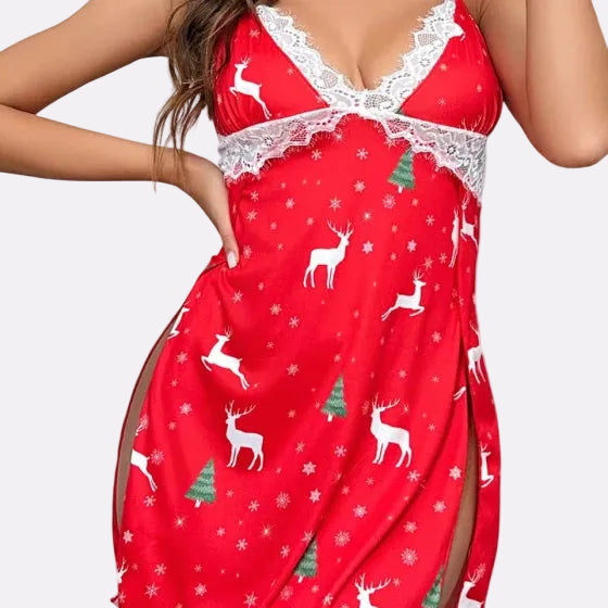 Women Premium Lace Trim Satin Nightgown with Spaghetti Straps