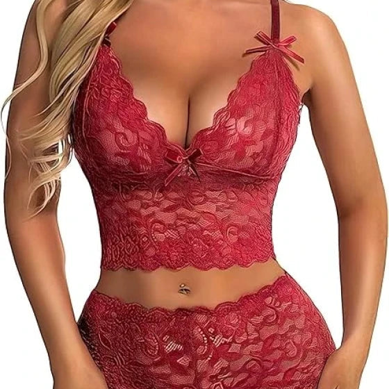 Women Sheer Floral Lace Lingerie Set,