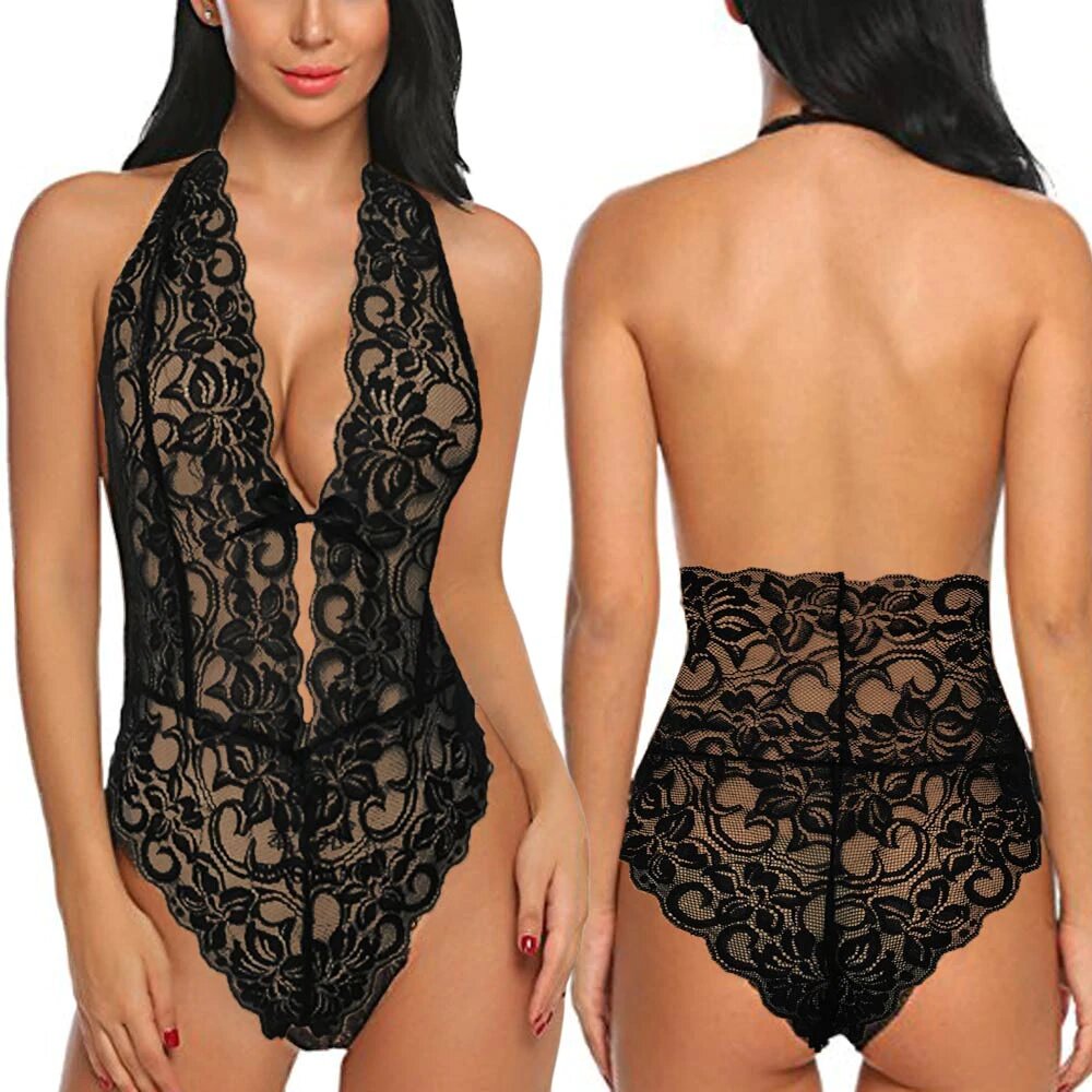 Women Bodysuits One Piece Backless Lingerie Lace V Neck Halter Babydoll women sexy erotic lingerie ropa interior sexy