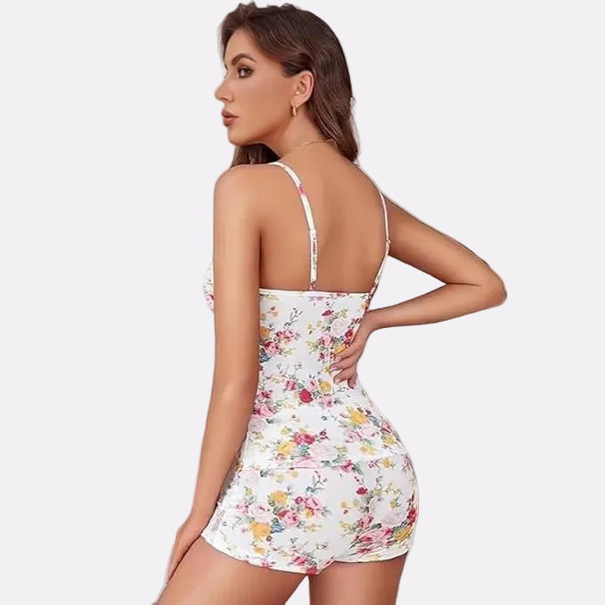 Women’s Printed Sleeveless Top & Shorts Nightwear Set – White