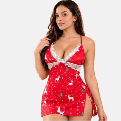 Women Premium Lace Trim Satin Nightgown with Spaghetti Straps