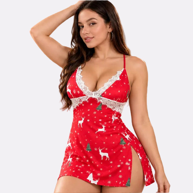 Women Premium Lace Trim Satin Nightgown with Spaghetti Straps