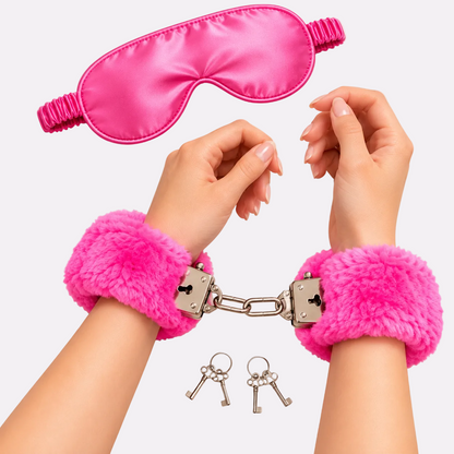Pink Plush Cuffs & Satin Eye Mask Combo Set