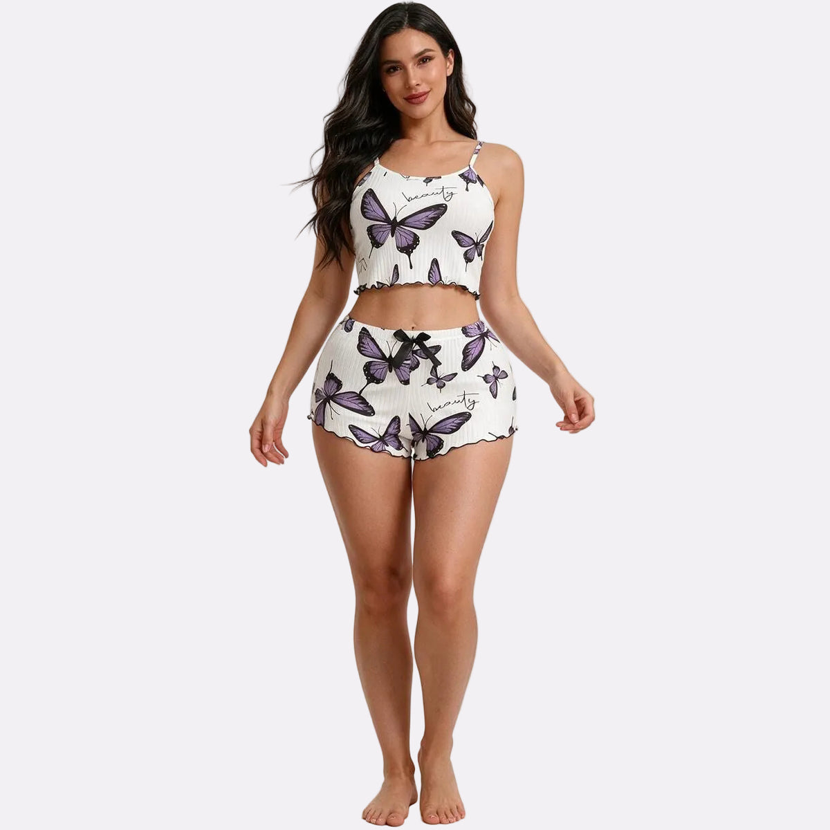 Women's Ribbed Nightwear – Purple Butterfly
