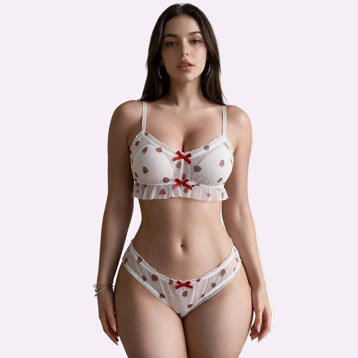 Women’s Strawberry Print Babydoll Lingerie Set – White