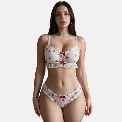 Women’s Strawberry Print Babydoll Lingerie Set – White