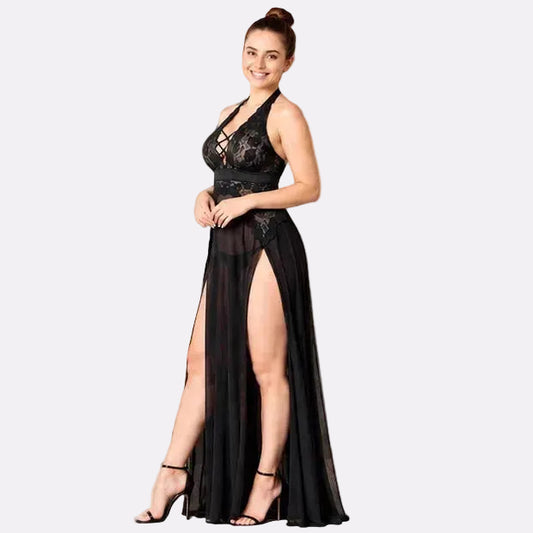Women Lace Halter Long Nightgown with Criss-Cross Front