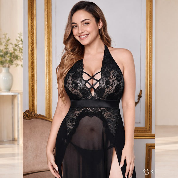 Women Lace Halter Long Nightgown with Criss-Cross Front