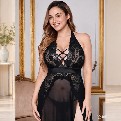Women Lace Halter Long Nightgown with Criss-Cross Front