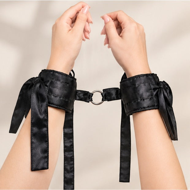 Women’s Black Satin-Look Wrist Cuffs – Adjustable Tie Strap