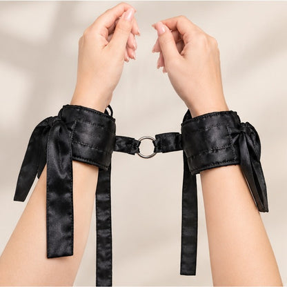 Women’s Black Satin-Look Wrist Cuffs – Adjustable Tie Strap