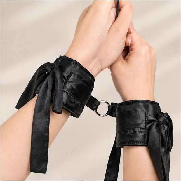 Women’s Black Satin-Look Wrist Cuffs – Adjustable Tie Strap