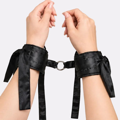 Women’s Black Satin-Look Wrist Cuffs – Adjustable Tie Strap