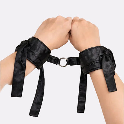 Women’s Black Satin-Look Wrist Cuffs – Adjustable Tie Strap