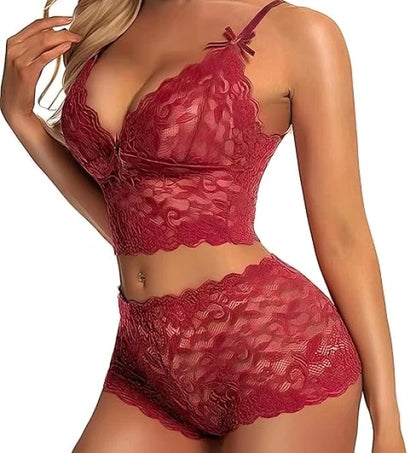 Women Sheer Floral Lace Lingerie Set,