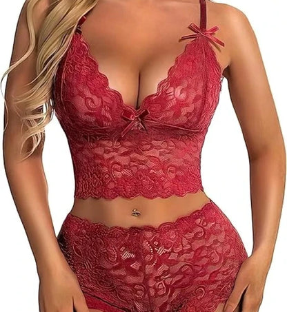 Women Sheer Floral Lace Lingerie Set,