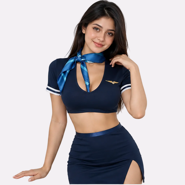 Women's Premium Romantic Airhostess Roleplay Set – Navy Blue