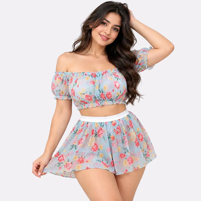 Women’s Off-Shoulder Short Dress – Floral Nightwear